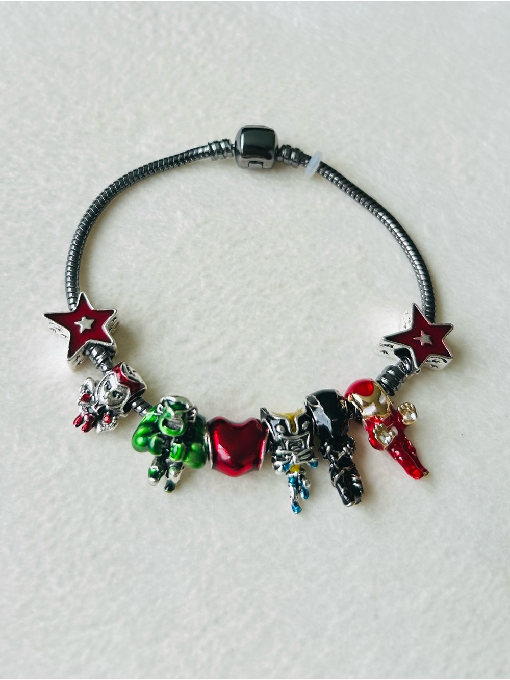 Superhero Charm Bracelet 925s  with Red Heart and Star Accents